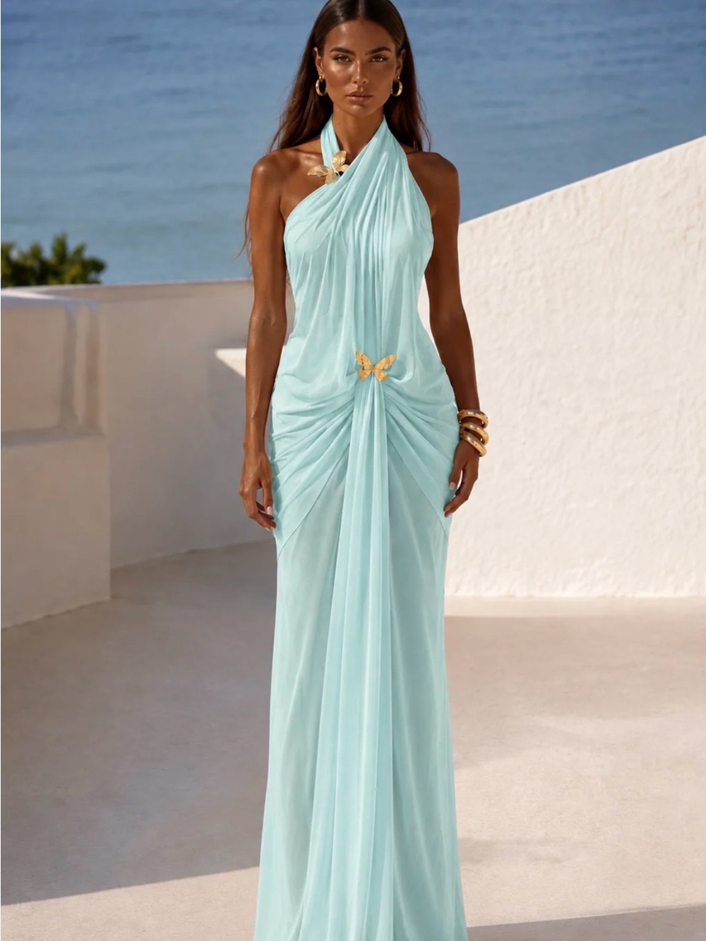 Abyss By Abby Light Blue One-Shoulder Draped Maxi with Gold Butterfly